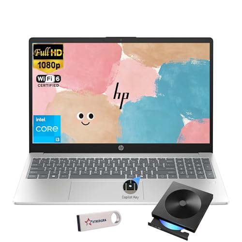 Image of HP 15.6 inch FHD Laptop Computer, Intel 8 Core i3-N305, 16GB RAM, 256GB SSD, 10-Key Num Pad, WiFi6, Long Battery Life, Windows 11 Home with Copilot AI, External DVD Drive & USB Flash Drive, Natural Silver