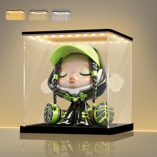 LANSCOERY Acrylic Display Case with Light, 6x6x6 in LED Display Case with 15mm Raised Base, 3mm...