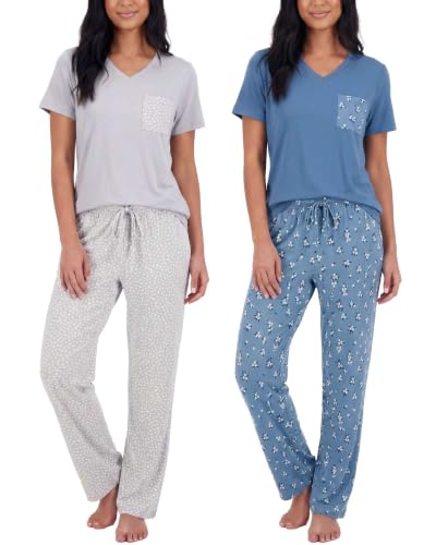 Image of Real Essentials 2 Pack: Women's Comfy Pajama Sets - Short Sleeve Ladies Loungewear Sleepwear PJs (Available In Plus)