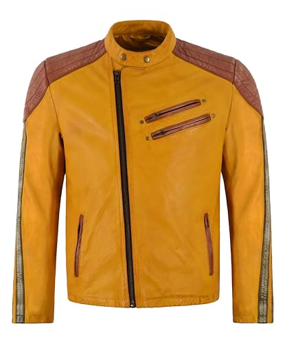 Veste de motocross jaune en cuir souple pour homme style pilote 8377