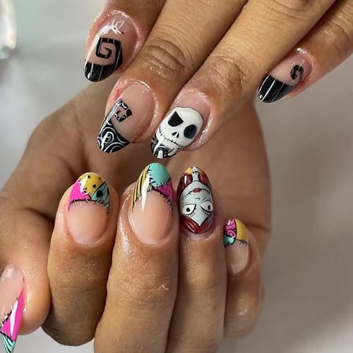 Halloween Press On Nails Medium Stiletto French Tip Fake Nails Full Cover Nightmare Christmas False Nails with Colorful Patch Designs Glossy Glue on Acrylic Artificial Nails 24Pcs
