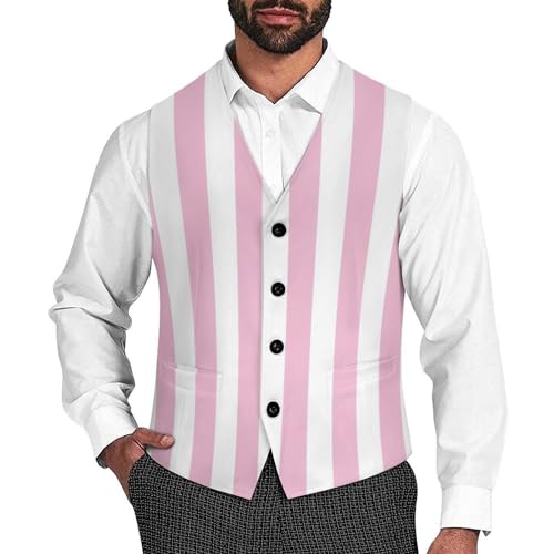Pink And White Stripes Men's Suit Vest Slim Fit V-Ncek Waistcoat Business Casual Vest