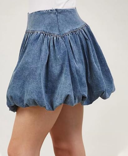 loveimgs Women Cute High Waisted Short Denim Pleated Mini Jean Skirt Ruffle A Line Skirt Y2k Balloon Bubble Skirt3