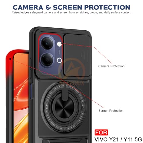 Image of Vivo Y21 5G / Y11 5G Back Cover | Armor Camera Slider 360 Degree Rotating Finger Ring Holder Case with Bracket Stand Back Case Cover (Compatible with MagSafe Accessories) (Black)