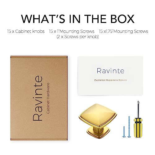Image of Ravinte 15 Pack Square Single Hole Gold Kitchen Cabinet Knobs Dresser Drawer Cabinet Pulls Drawer Knobs Cabinet Hardware Contemporary Antique Rustic Knobs with Screwdriver