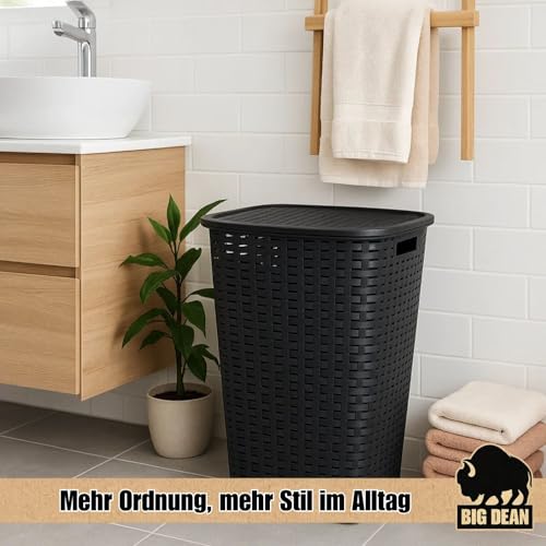 Wäschekorb mit Deckel anthrazit/bräunlich in Rattanoptik XL mit 2 Griffen Wäschetonne Plastik