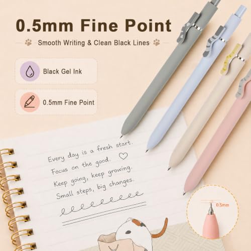 VICO Cat Pens, 4 Pcs Cute Kawaii Gel Pens, 0.5mm Black Ink Fine Point Retractable Pens, Quick Dry Smooth Writing, Back to School Supplies & Cat Lover Gifts