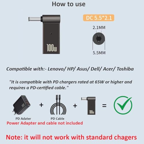 Image of Tobo USB C Female to DC Adapter, 90 Degree USB C to DC Cylindrical Socket 5.5 X 2.1 Mm, PD Power Charger Connector 100W 5A Portable Charging Adapter for Laptop