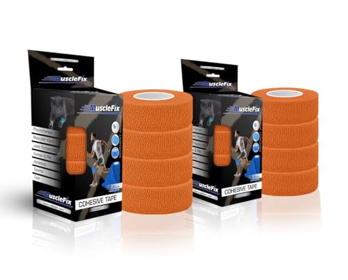 Image of Cohesive Self-Adhesive Bandage Wrap | Elastic Sports Bandage for Muscle & Joint Support | Breathable, Non-Slip, No Glue | Physiotherapy, Gym, Human & Pet Use (2.5cm) (Pack of 8)-Orange