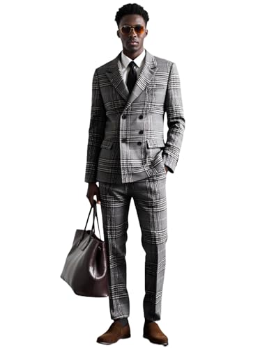 Kromoc Men's Houndstooth Two-Piece Suit Peak Lapel Double Breasted Buttons Jacket Pants Wedding Formal