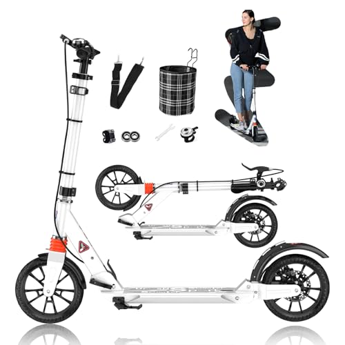 ZQHQKJ Big Wheel Scooters for Kids Ages 8-12, Teens and Adults. Manual Kick Scooter for Boys and Girls, with Hand Brake, Shock Absorption, Foldable and Height Adjustable, Bearing ABEC9,White