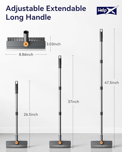 Image of Small Floor Scrub Brush with Length Adjustable Long Handle, 3 in 1 Heavy-Duty Stiff Bristle Scrubber Brush with Squeegee and Tweezer for Cleaning Bathroom, Tile, Deck, Patio, Garage and Kitchen