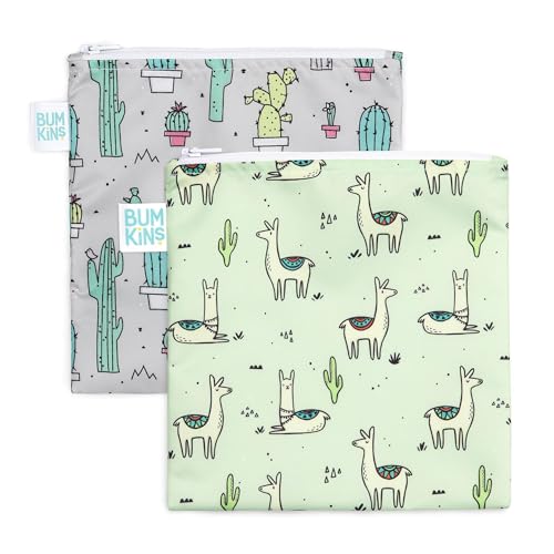 Image of Bumkins Reusable Sandwich and Snack Bags, for Kids School Lunch and for Adults Portion, Washable Fabric, Waterproof Cloth Zip Bag, Travel Pouch, Food-Safe, Large 2-pk Cactus and Llama