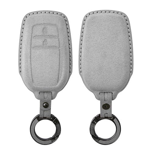 Image of KMH Alcantara Car Key Cover Compatible with Toyota Innova Crysta Hilux 2 Buttons Shell Case Car Accessories Key Smart Keycover with Keychain (D2) Grey - Pack of 1