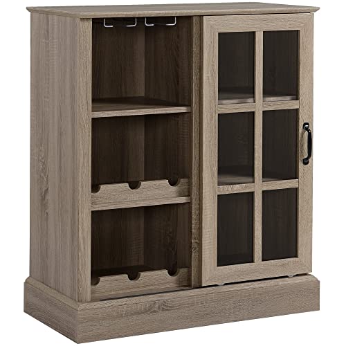 HOMCOM Aparador de Cocina con Botellero Moderno Mueble Auxiliar de Almacenaje con Puerta de Vidrio Soporte para 6 Copas Botellero para 6 Botellas y 3 Estantes para Comedor Salón 79x39x92 cm Café