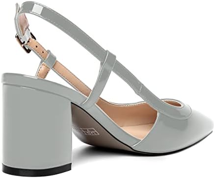 AMBELIGHT Women's Wedding Mid Heel Buckle Square Toe Patent Solid Dress Chunky 2.5 Inch Slingback Pumps Shoes Grey Size 6 - Tacones Altos para Mujer | Image 4