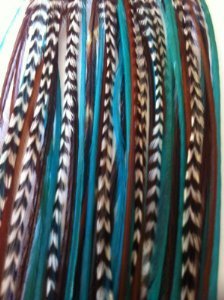 Feather Hair Extension – Turquoise, Brown, and Grizzly Feathers, All Bonded Together at the Tip, Ranging From 7 to 10 Inches in Length, With a Total of 5 Feathers