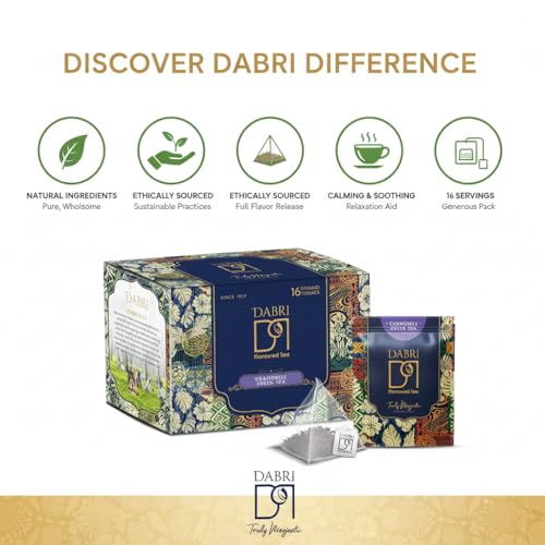 Image of Dabri Chamomile Green Tea 16 Pyramid Dip Tea Bags | Natural Whole Leaf & Chamomile Flowers | Relieves Menstrual Cramps & Stress | Aids Sleep & Digestion | Supports Glowing Skin & Strong Hair
