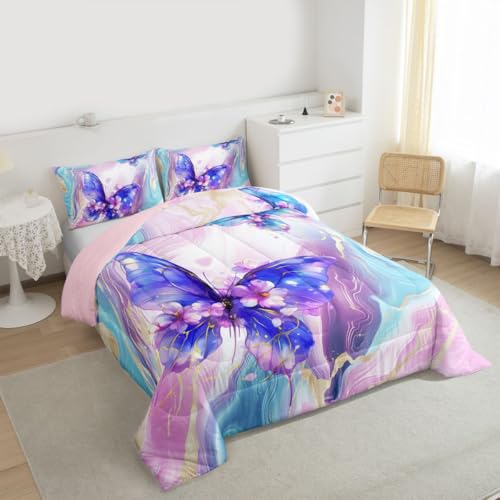 Image of Erosebridal Floral Marble Butterfly Comforter King Size for Kids Teens Adults,Purple Blue Tie Dye Bedding Set,Elegant Marble Texture Duvet Insert,Modern Aesthetic Quilt Bedroom Decor