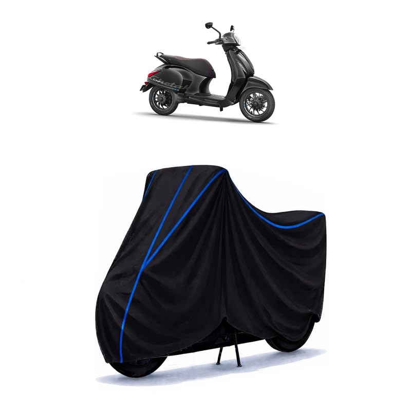 Image of Scooty Cover Water Resistant for Chetak Premium | Universal Scooter & Bike Cover | Heavy Duty UV Dust, Rain & Scratch Protection | Elastic Fit All Weather Indoor Outdoor | Black with Blue Piping