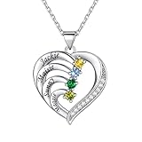 Custom4U Custom Heart Birthstone Necklace, Personalised 4 Name Engraving Pendant Silver Chain Family Jewellery Valentine's Day Anniversary Birthday Gifts for Women Mum