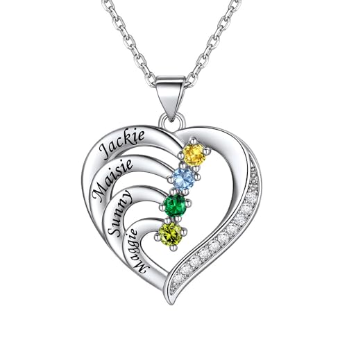 Custom4U Collier Cœur Personnalisé avec Pierre de Naissance, Pendentif Gravé 4 Prénoms Collier Famille Argenté, Cadeau Bijou Personnalisé pour Maman...