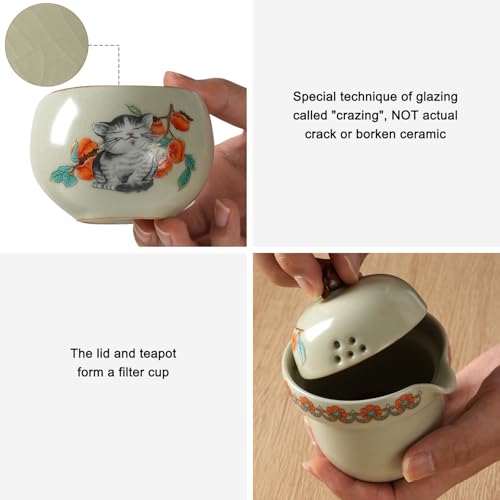 Mini Tea Cups,Cute Lucky Cat Cups,Small Tea Mugs,Porcelain Gongfu Tea set with 3 in 1,Tea Sets for Adults,Ceramic Tea Infuser Cup for Loose Leaf for Women/Tea Lovers/Birthday/Mother's Day (Green) — view 5