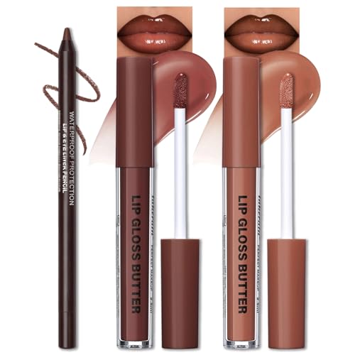 Erinde Lip Liner and Gloss Set 2 Colors Nourishing Lip Gloss & Brown Lip Liner Combo Sets Non-Sticky Glossy Plumping Lip Kit for Women Lightweight Long Wear Moisturizing Nude Lip Glow Oil SET B