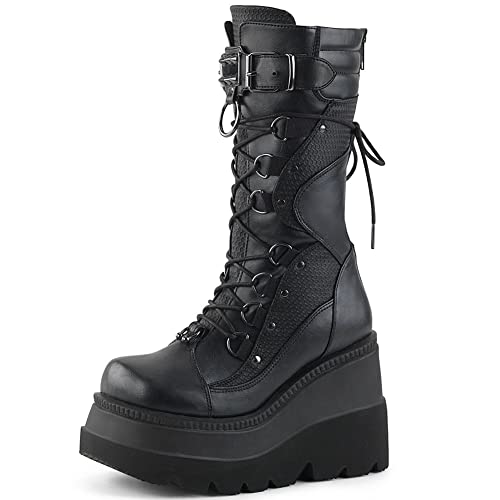 mikarka Womens Holographic Platform Mid Calf Combat Boots Lace Up Wedge