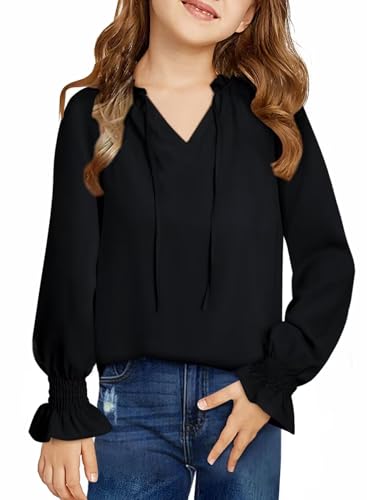 Image of DOKOTOO KIDS Girls Dress Shirt Long Sleeve Blouse Fall Tops Size 7-15 Years | V Neck, None Elastic Breathable Fabric, Ruffle Smocked Sleeve, Solid Pull on, Uniform Formal Western Thanksgiving