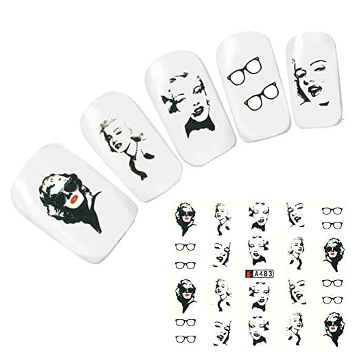 JUSTFOX - Tatuaje para uñas de Marilyn Monroe, diseño retro con gafas para las uñas, pegatinas para los pies, calcomanías de agua.