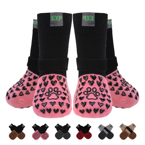 EXPAWLORER Anti Slip Dog Socks to Prevent Licking Paws, Winter Snow Dog Boots & Paw Protectors Booties for Hardwood Floors with Heart Grippers, Dog Shoes for Small Medium Large Senior Dogs Pink L