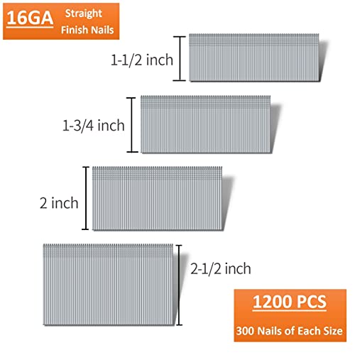 Sitldy Straight Finish Nails, 16 Gauge, 1200-Pack (1-1/2", 1-3/4", 2", 2-1/2", 300 Per Size), Galvanized, Assorted Size Project Pack #TOP1