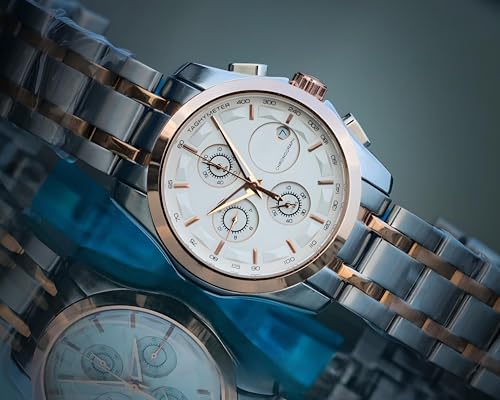 Image of Men's Luxury Analog Watch, Round Rose Gold Case, Black Dial, Stainless Steel Two-Tone Bracelet Strap for Office, Business