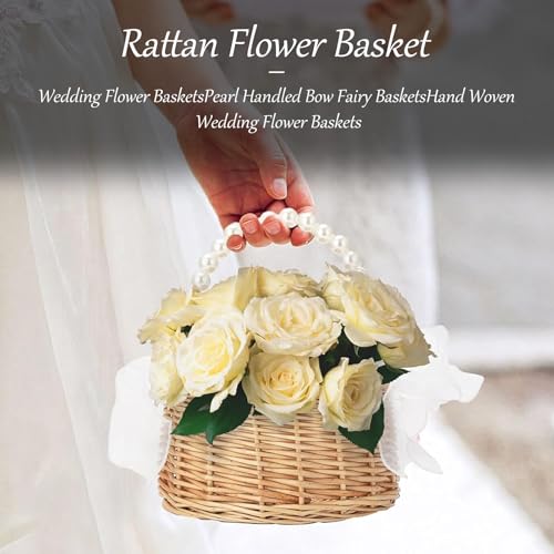 Wicker Flower Girl Basket, Wedding Flower Girl Basket with Pearl Handle and Ribbon Bow, Small Easter Baskets,Rustic Elegant Wedding Baskets for Outdoor Picnic Home Wedding Decoration - Thumbnail 3