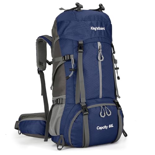 King'sGuard 60L waterproof lightweight hiking backpack with rain cover and shoe compartment outdoor sports travel backpack (Navy blue)