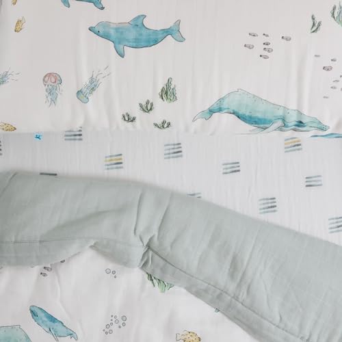 Image of Little Unicorn Toddler Bedding 3-Piece Set | Includes Comforter, Crib Sheet & Pillowcase | Soft & Breathable Muslin Fabric | for Convertible Cribs & Toddler Beds (Whales)