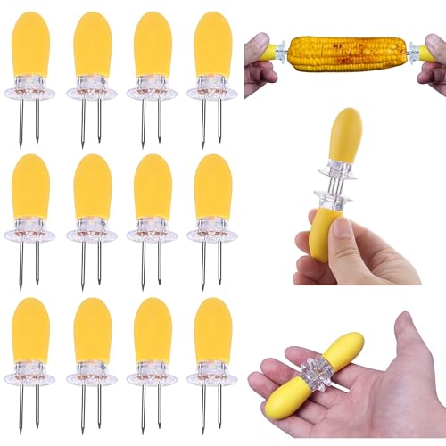 Image of 12PCs Corn on The Cob Skewers Holders 8cm - Corn Cob Forks with Silicone Handle, Stainless Steel Corn Forks, BBQ Corn Skewers for Home Kitchen, Barbecue and Picnic