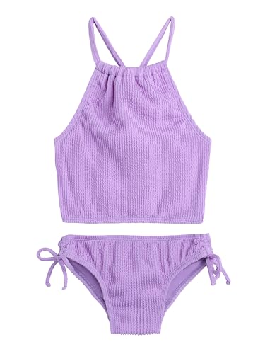 Kanu Surf Girls, Daisy UPF 50 Beach Sport Halter Tankini 2-Piece Swimsuit, Popcorn Solid Lavender, 14