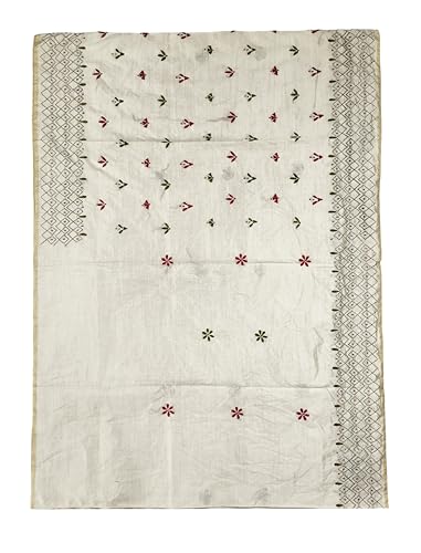 Image of SHRISTI CLOTHINGS Women's Hand Embroidered Cotton Silk Kantha Stitch Saree with Blouse Piece (SB4200924 OFFWHITED94)