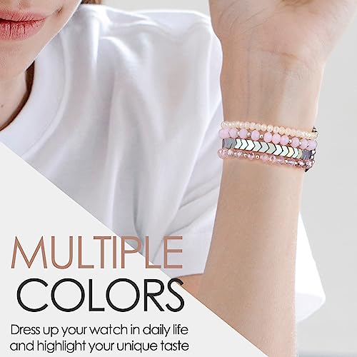 Image of MOFREE Beaded Bracelet Compatible with Apple Watch Band 38mm /40mm /41mm /42mm, Fashion Elastic Stretch Women Bands for iWatch Series 11 /10 /9 /8 /7 /SE /6 /5 /4 /3 /2 /1 iPhone Watch Strap Bands Pink