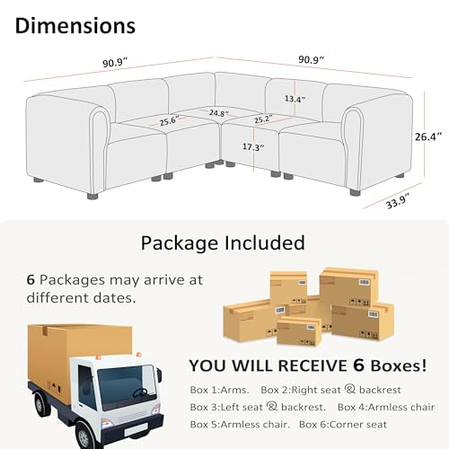 VANOMi Oversized Modular Sectional Sofa, V-Shaped Corner Sectional Couch for Living Room, 5 Seats Modular Sofa, Cream White