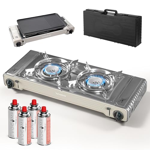 Gaskocher 2-flammig, Campingkocher mit Grillplatte, Gasherd mit Tragekoffer...