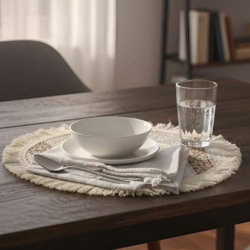 Image of HomeCloud Croshia Woven Table placemat - Heat Resistant, Washable Table Decoration for Dining, Office, Kitchen, Hotel, and Home (Round White Baige, Set of 6)