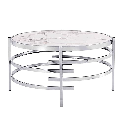 Sybrioka COFFEE TABLE Marble Stone Silver Living Room Table Modern Round Sofa Side Table, Chrome Metal Frame Center Cocktail Table Furniture thumb #6
