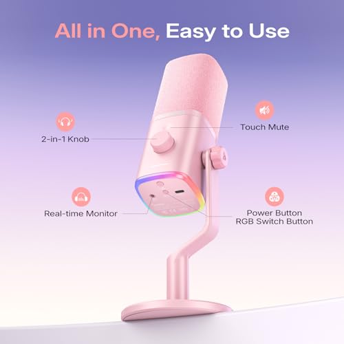 Image of MAONO PD100W Wireless Dynamic Microphone for iPhone, Android & PC (Pink) | USB-C & Lightning Receivers, Noise Reduction,RGB Lighting, Software EQ, for Gaming, Streaming and Content Creation