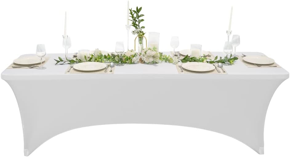 Restaurantware Table Tek 96 x 30 Inch Rectangle Table Covers 1 Washable Spandex Tablecloths - Wrinkle-Free Durable White Polyester Fitted Tablecloths for Parties Banquets or Weddings