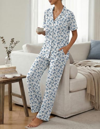Image of Womens Pajamas Sets 2 Piece Button Up Pj Sets Short Sleeve with Long Pant