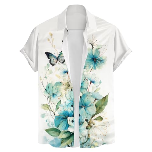 Image of ZEKU Men's Butterfly Floral Print Cotton Blend Short Sleeve Casual Shirt, Regular Fit, White