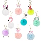 AUEAR, 9 Pack Animal Pom Keychain, Cute Fluffy Key Ball Ring, Faux Fur Ring for Ladies Bag Purse